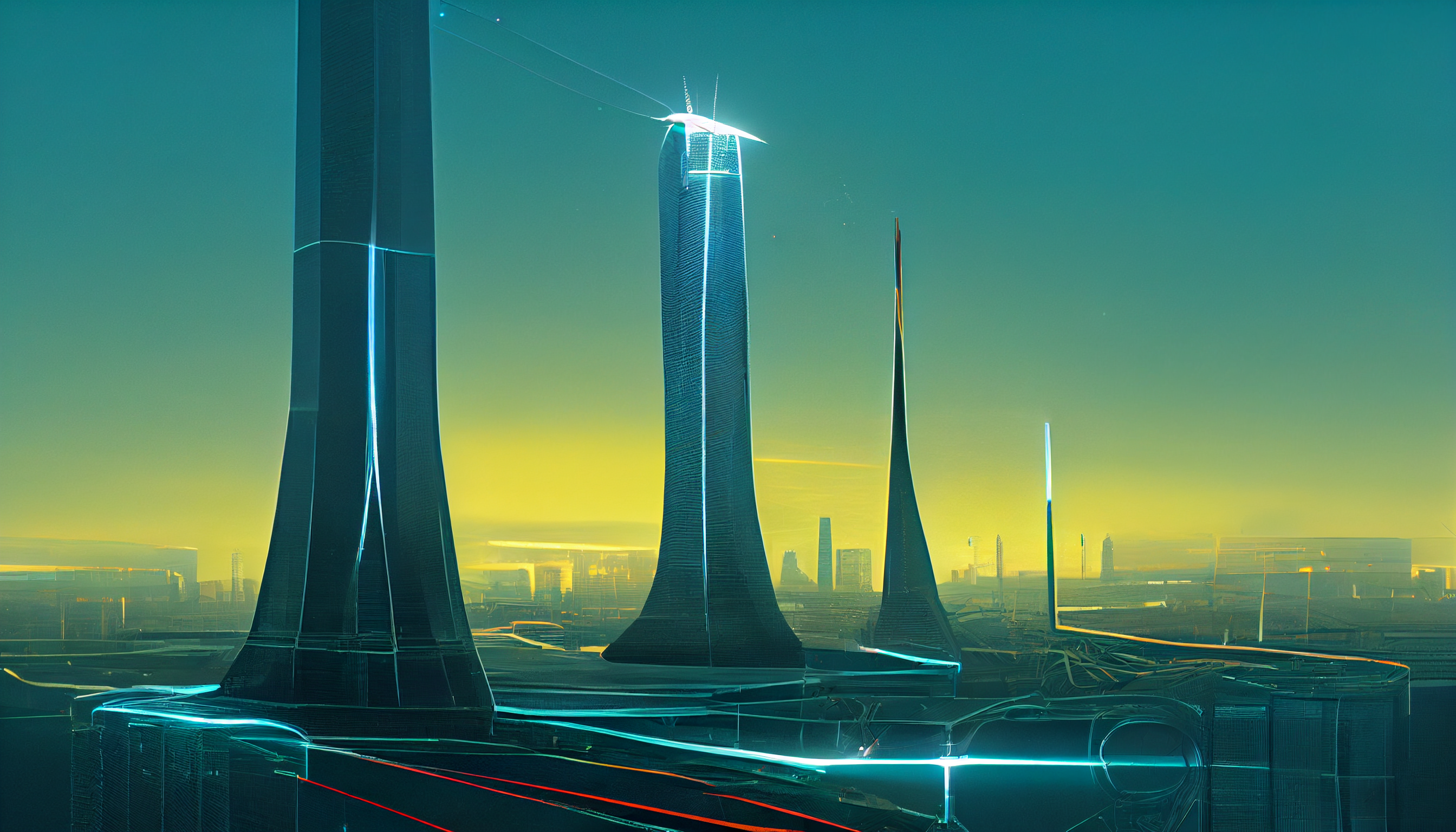 AI-generated artistic rendition of connected cyberpunk towers
