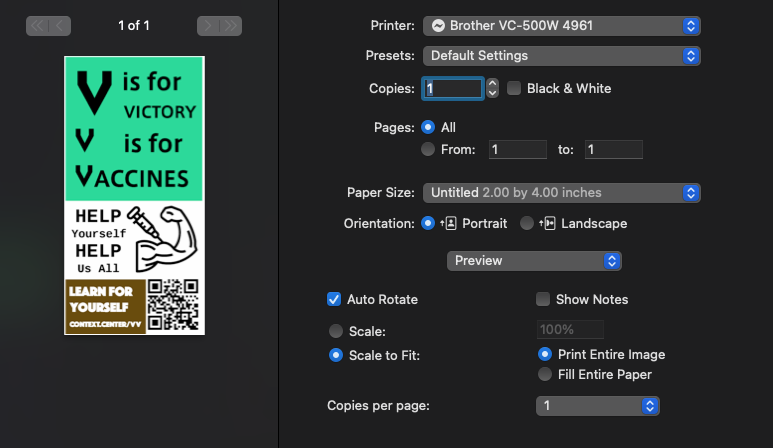 OSX Brother Label Printer settings