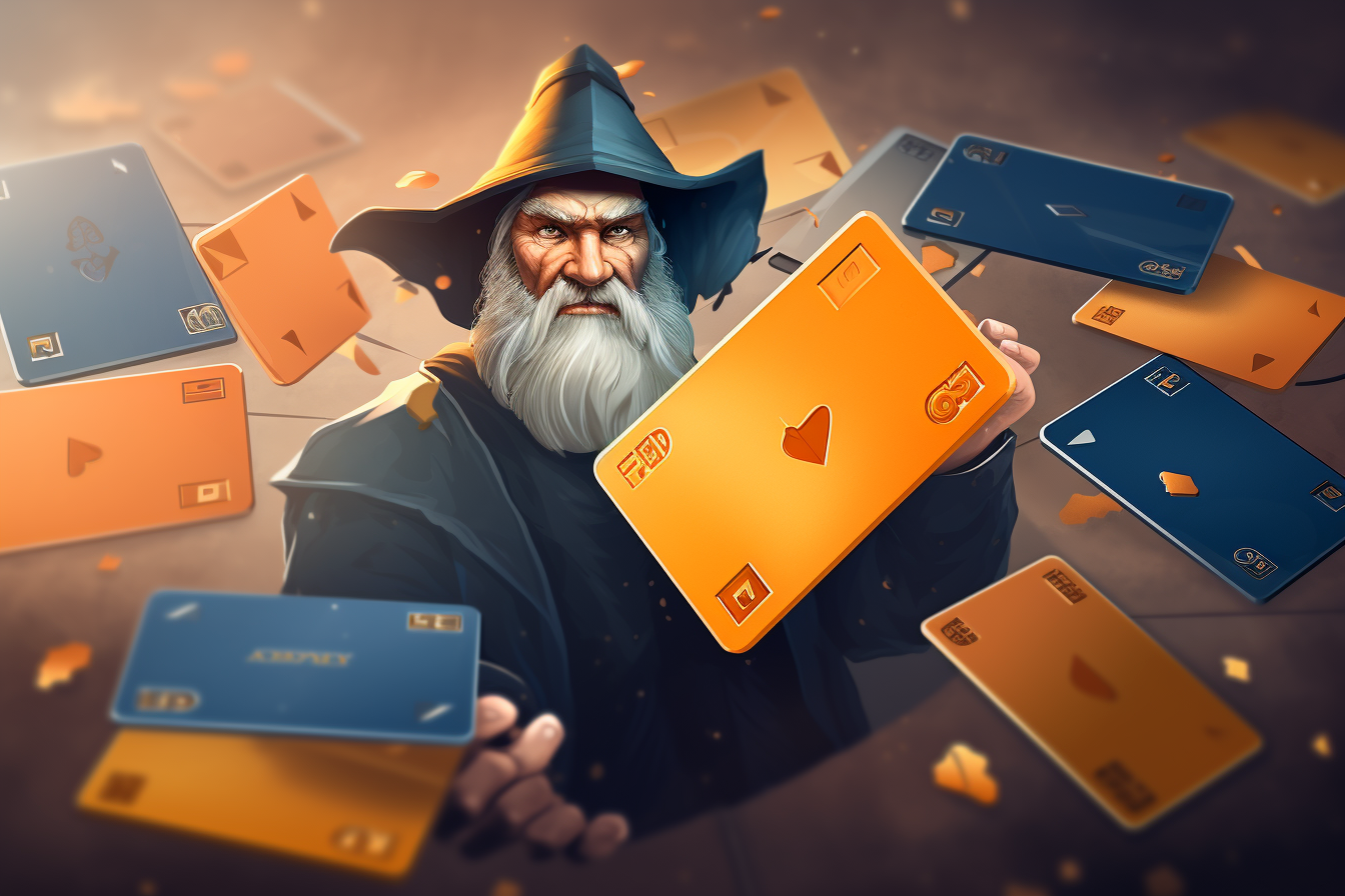 A wizard doing magic with plastic credit cards