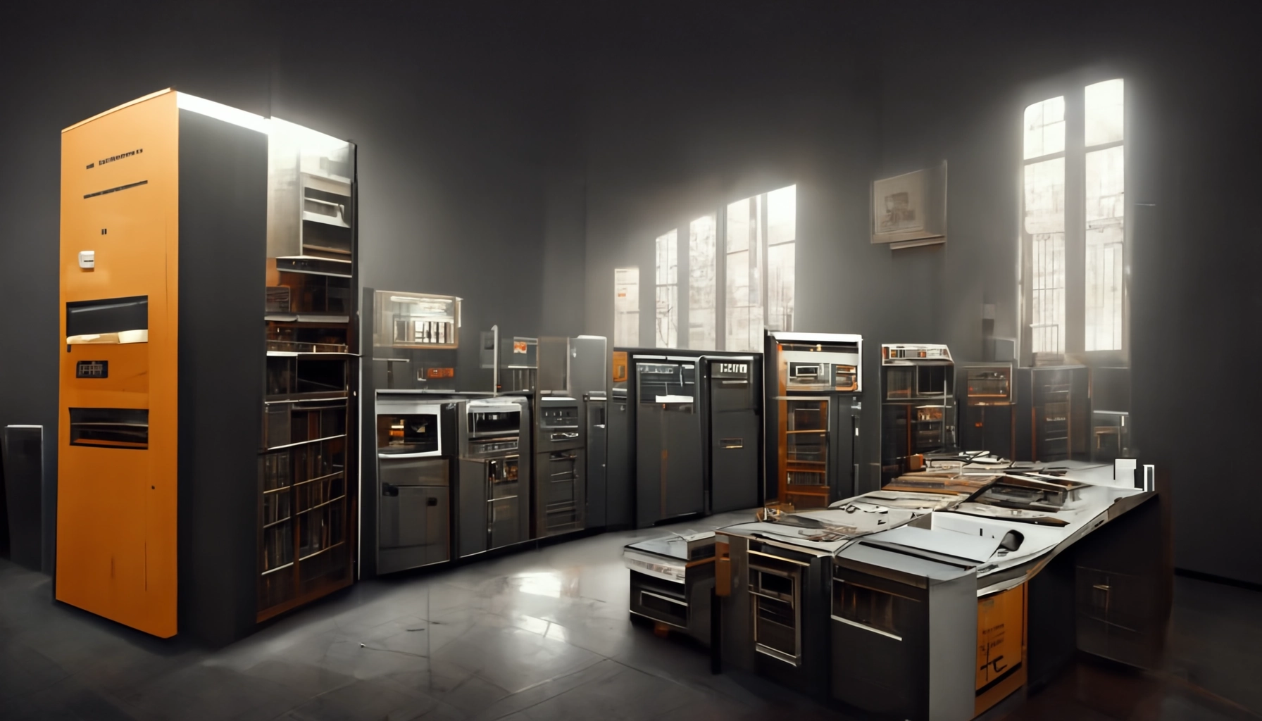 Digital Archives Servers as imagined by the Midjourney AI, showing servers of various sizes and designs on the right, a table with archival documents for preservation on the left and tall sunny windows in the background