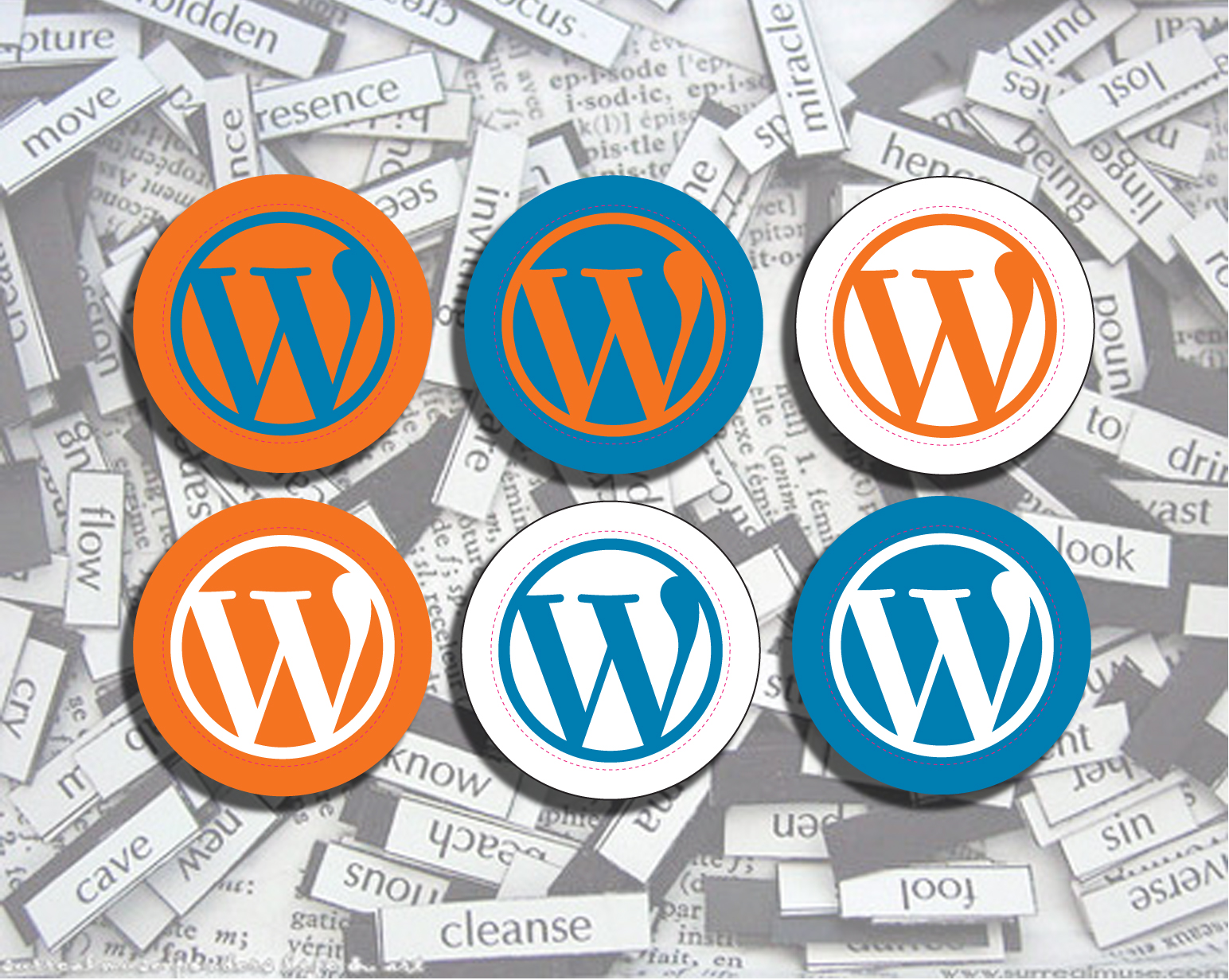 A set of WordPress stickers in different colors